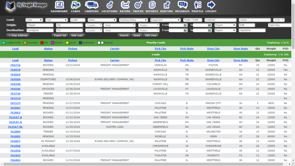 screenshot of My Freight Manager